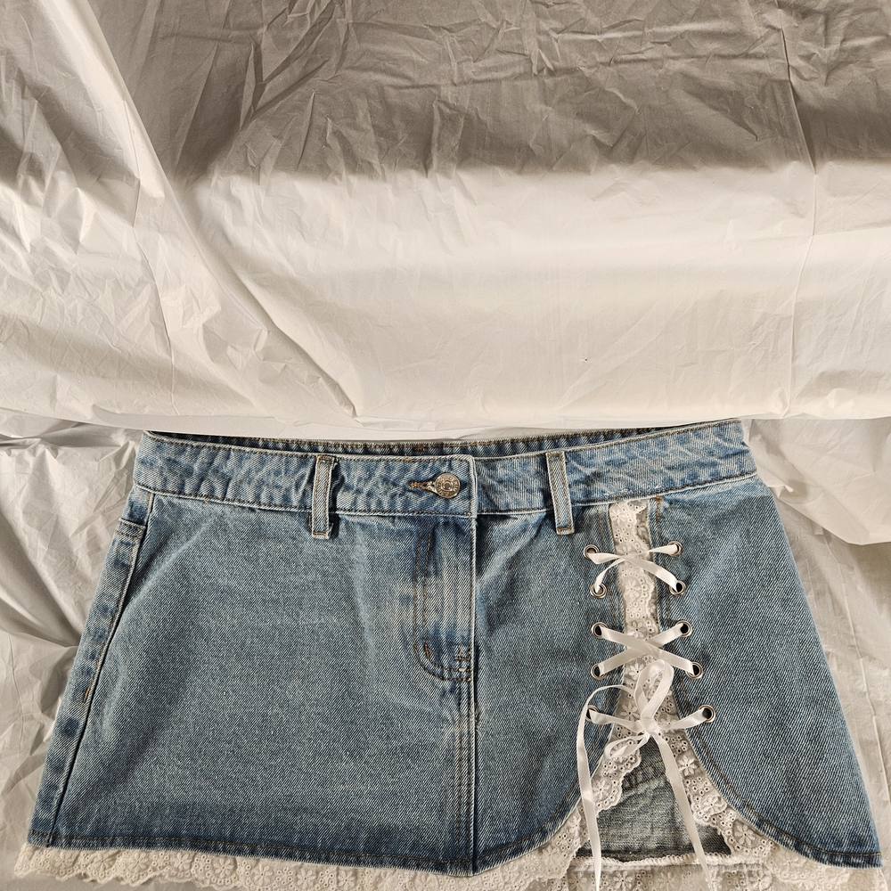 Edikted NWT Blue Denim Mini Skirt with Lace-Up Detail